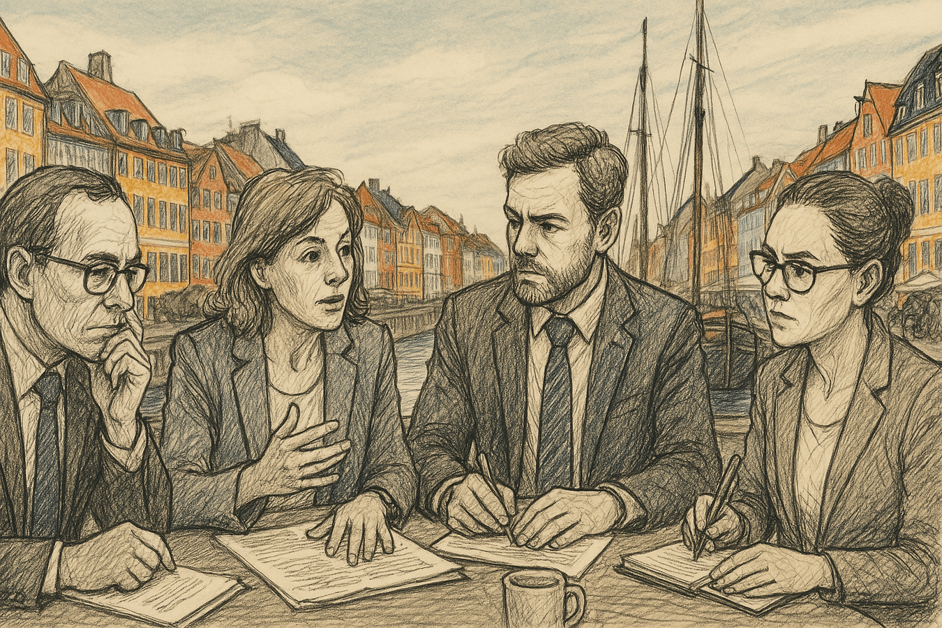 AI-generated drawing of experts discussing something in front of Nyhavn